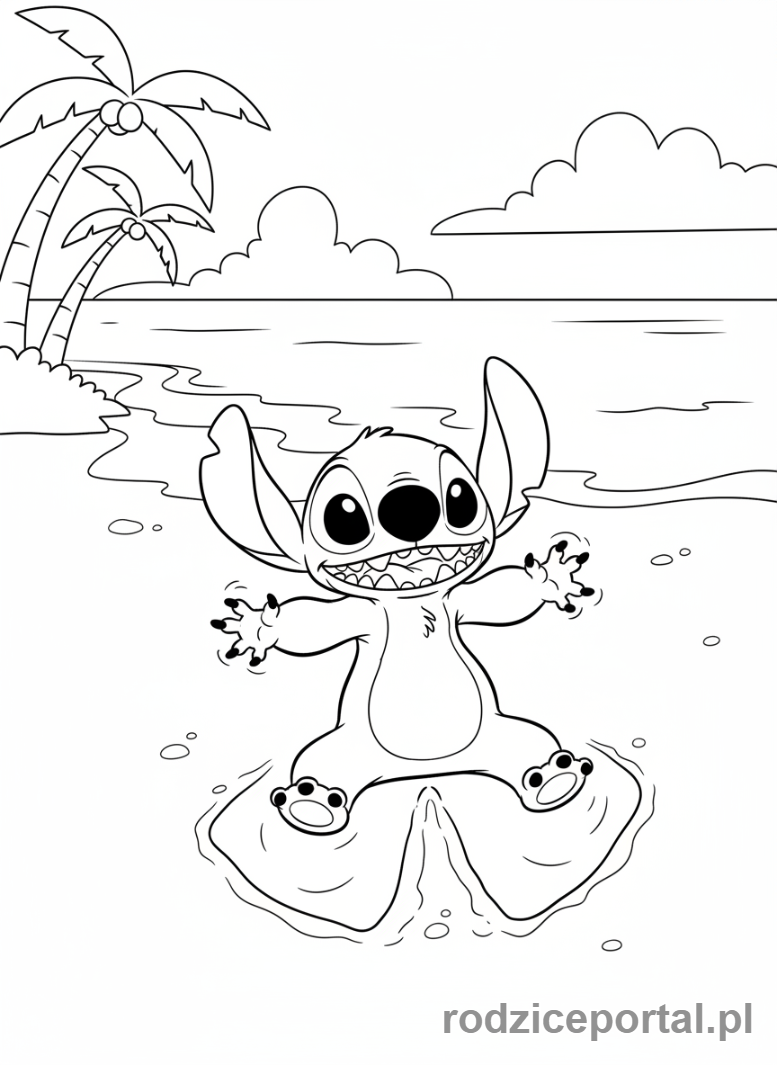 Kolorowanka Lilo I Stich - Stich robiący aniołka z piasku