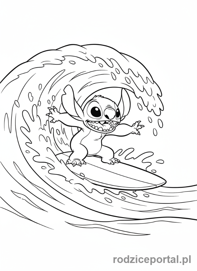 Kolorowanka Lilo I Stich - Stich surfujący na dużej fali