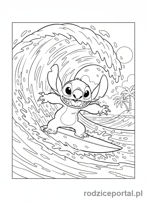 Kolorowanka Lilo I Stich - Stich surfujący na fali
