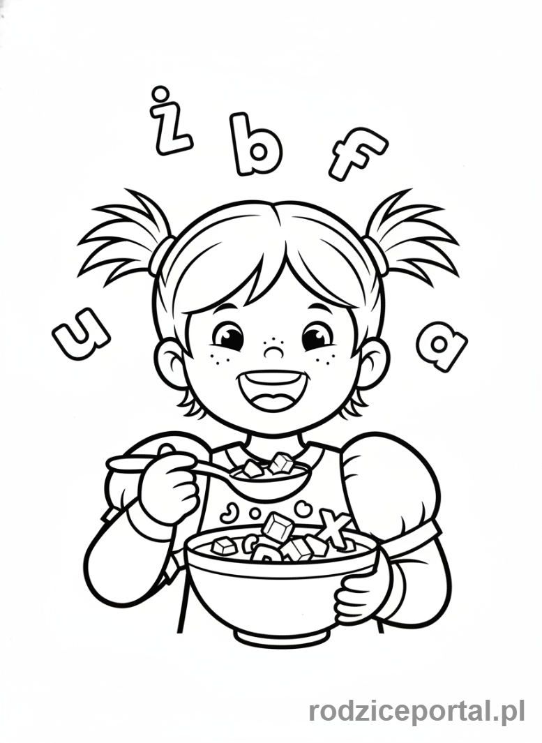 Kolorowanka Marta Mówi - Marta jedząca zupę alfabetową