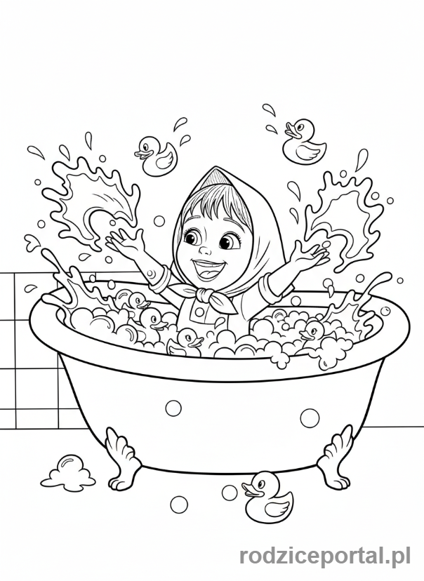 Kolorowanka Masza I Niedźwiedź - Masza bawiąca się kaczuszkami w wannie