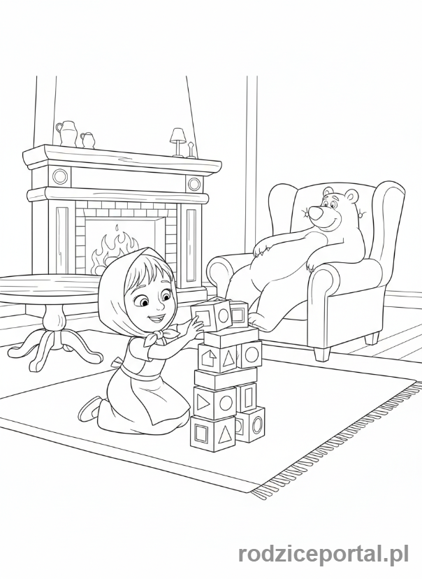 Kolorowanka Masza I Niedźwiedź - Masza bawiąca się klockami w domu Niedźwiedzia