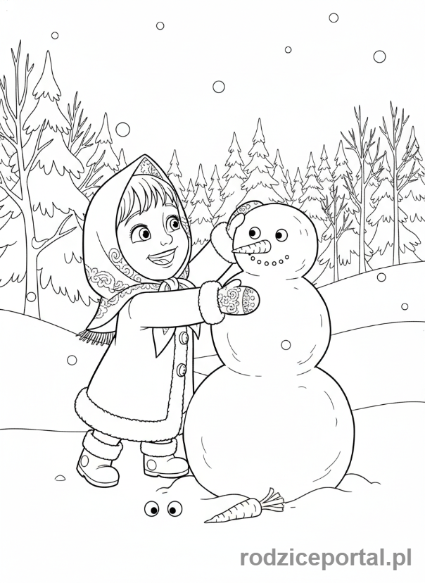 Kolorowanka Masza I Niedźwiedź - Masza budująca bałwana w zimowym lesie