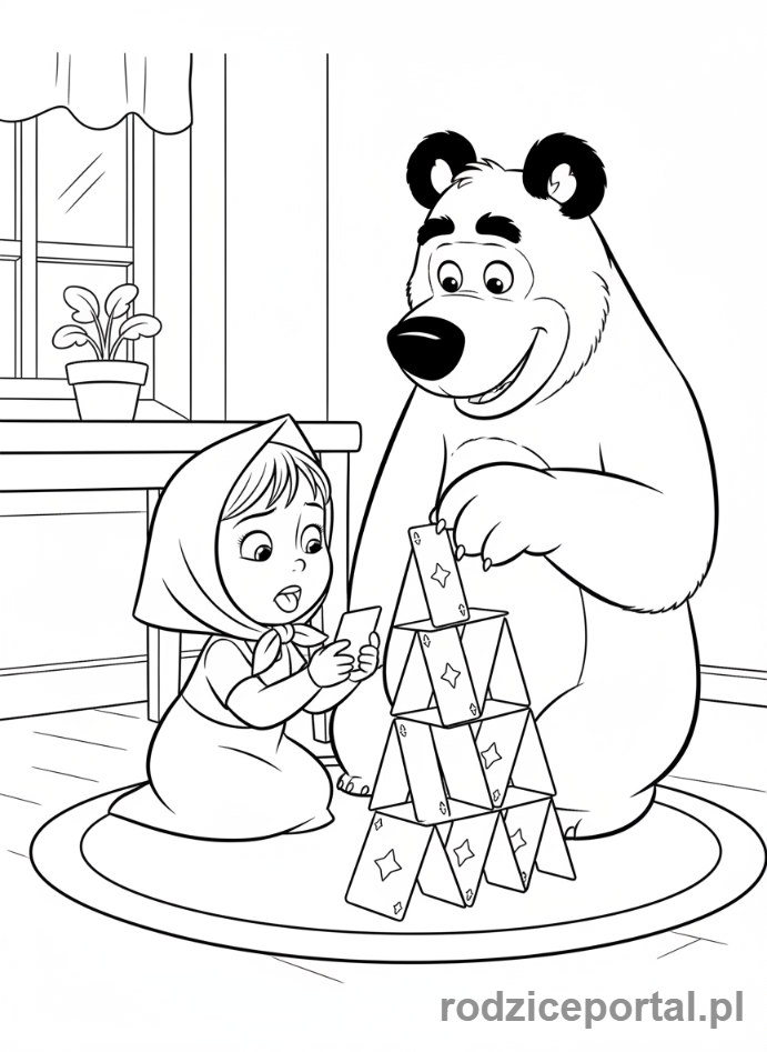 Kolorowanka Masza I Niedźwiedź - Masza i Niedźwiedź budujący domek z kart