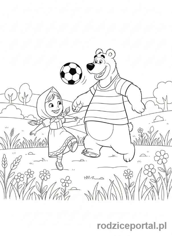 Kolorowanka Masza I Niedźwiedź - Masza i Niedźwiedź grający w piłkę