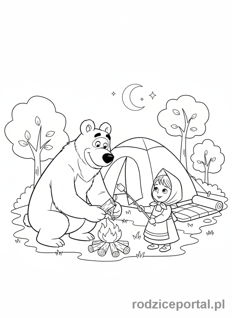 Kolorowanka Masza I Niedźwiedź - Masza i Niedźwiedź na biwaku, rozpalający ognisko