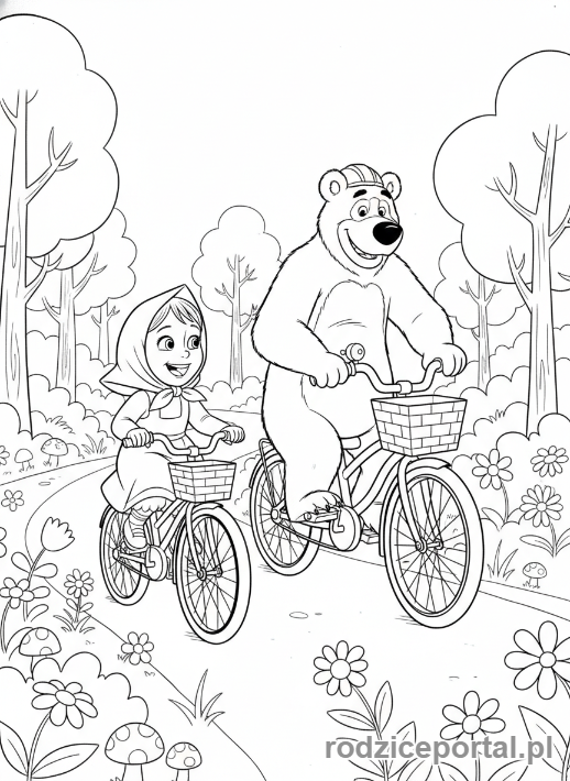 Kolorowanka Masza I Niedźwiedź - Masza i Niedźwiedź na rowerach
