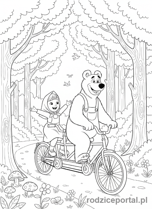 Kolorowanka Masza I Niedźwiedź - Masza i Niedźwiedź na rowerze tandemowym