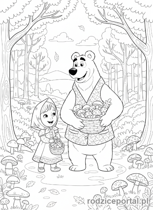 Kolorowanka Masza I Niedźwiedź - Masza i Niedźwiedź zbierający grzyby