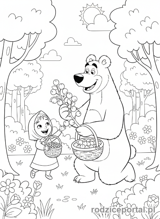 Kolorowanka Masza I Niedźwiedź - Masza i Niedźwiedź zbierający jagody w lesie
