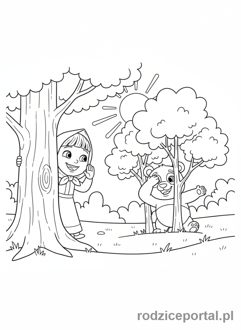 Kolorowanka Masza I Niedźwiedź - Masza i Panda bawiące się w chowanego