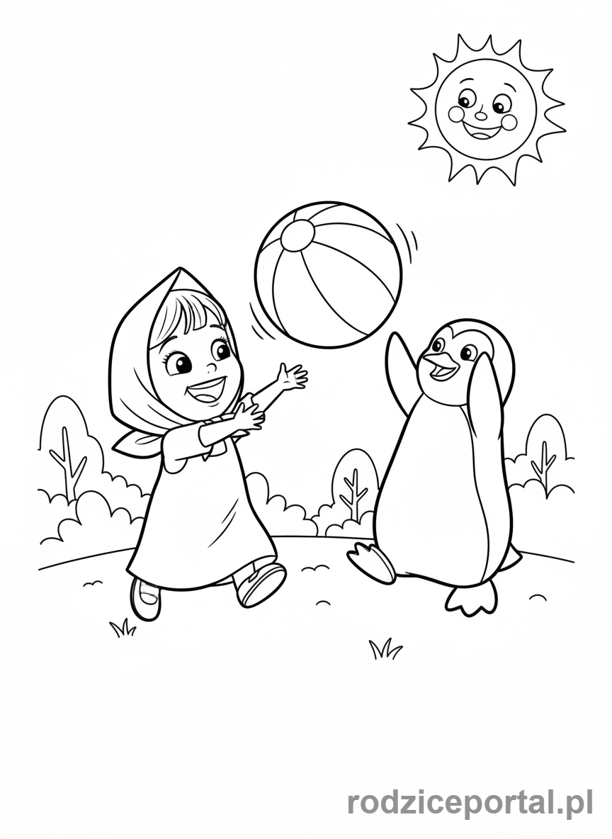 Kolorowanka Masza I Niedźwiedź - Masza i Pingwin bawiący się piłką