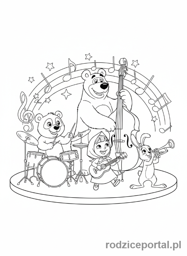 Kolorowanka Masza I Niedźwiedź - Masza i przyjaciele urządzający koncert