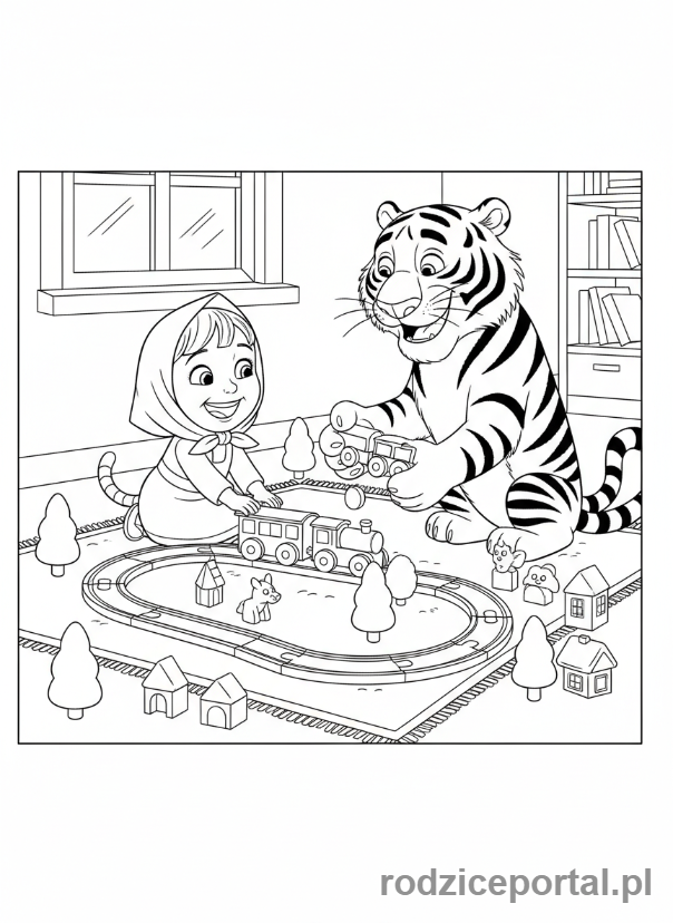 Kolorowanka Masza I Niedźwiedź - Masza i Tygrys bawiący się pociągiem zabawkowym