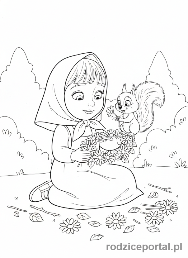 Kolorowanka Masza I Niedźwiedź - Masza i Wiewiórka robiące koronę z kwiatów