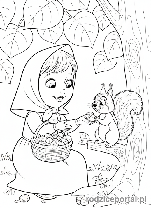 Kolorowanka Masza I Niedźwiedź - Masza i wiewiórka zbierające orzechy