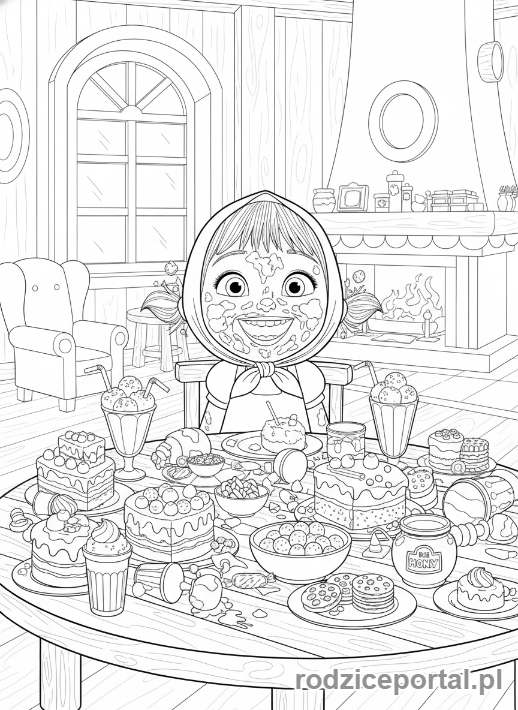 Kolorowanka Masza I Niedźwiedź - Masza jedząca słodycze u Niedźwiedzia