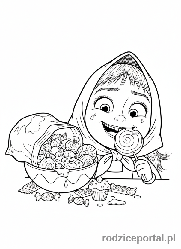 Kolorowanka Masza I Niedźwiedź - Masza jedząca słodycze w ukryciu