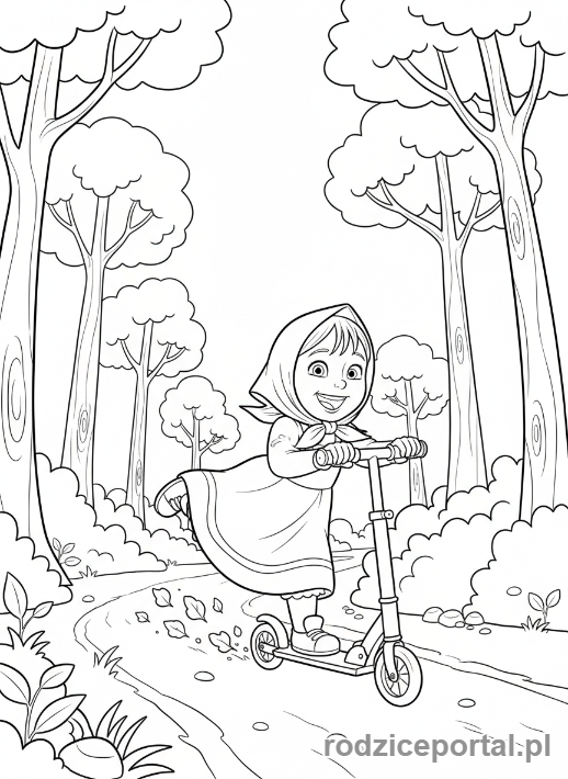 Kolorowanka Masza I Niedźwiedź - Masza jeżdżąca na hulajnodze po ścieżce
