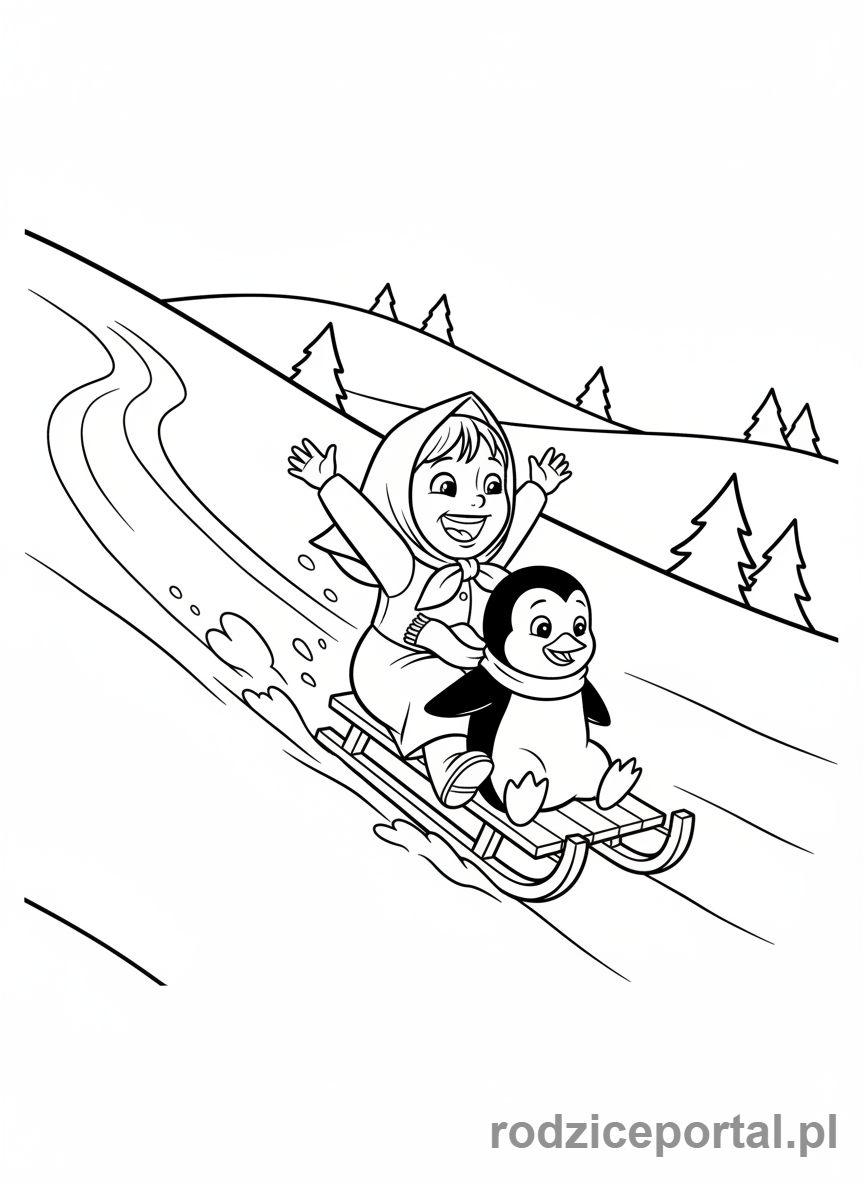 Kolorowanka Masza I Niedźwiedź - Masza jeżdżąca na sankach z Pingwinem