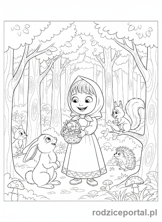 Kolorowanka Masza I Niedźwiedź - Masza karmiąca zwierzęta leśne