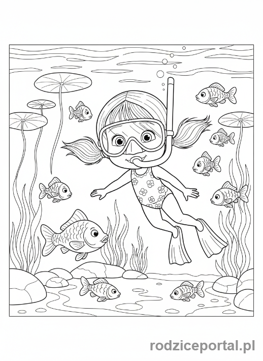 Kolorowanka Masza I Niedźwiedź - Masza nurkująca w stawie z rybkami