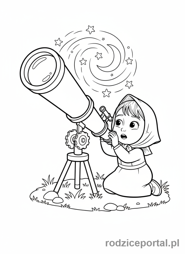 Kolorowanka Masza I Niedźwiedź - Masza oglądająca gwiazdy przez teleskop