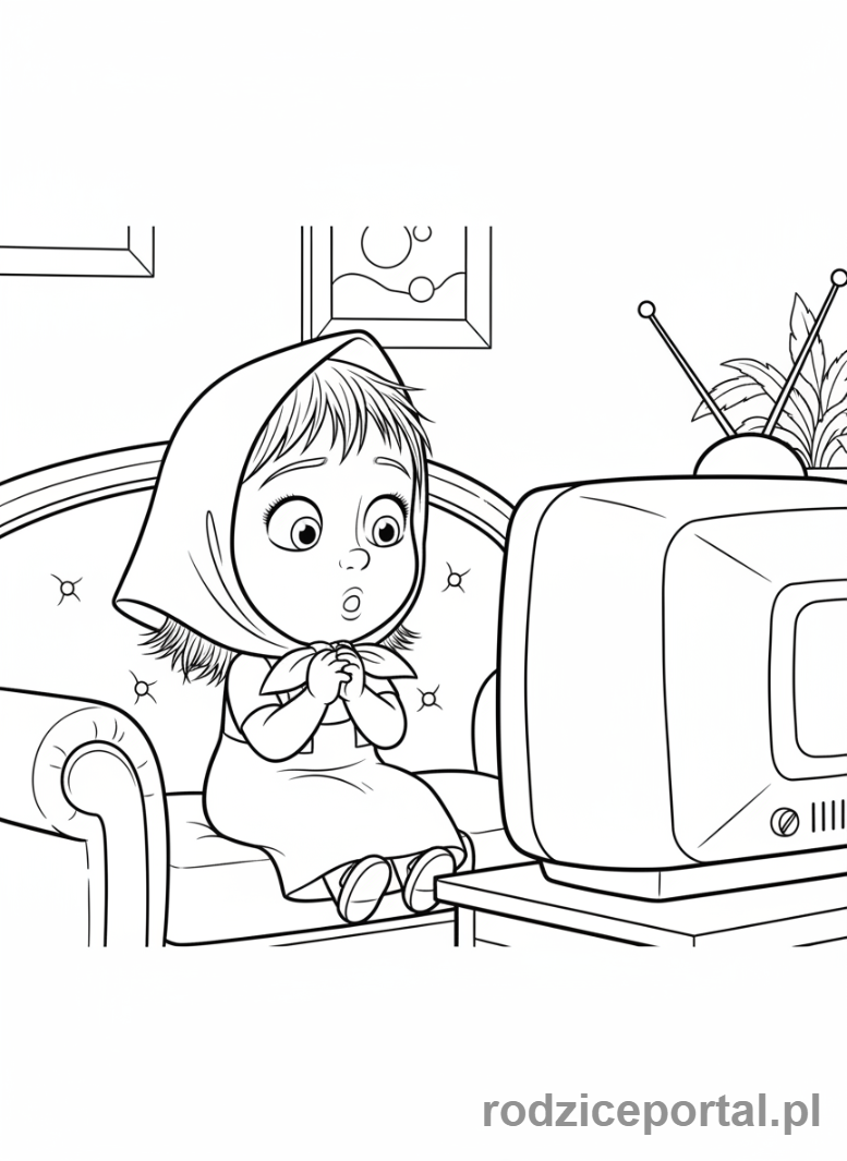 Kolorowanka Masza I Niedźwiedź - Masza oglądająca telewizję