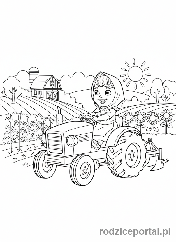 Kolorowanka Masza I Niedźwiedź - Masza prowadząca traktor