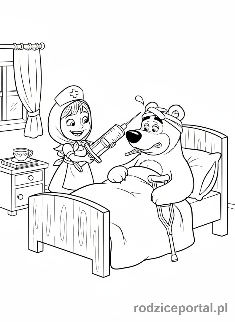 Kolorowanka Masza I Niedźwiedź - Masza przebrana za pielęgniarkę, 'lecząca' Niedźwiedzia