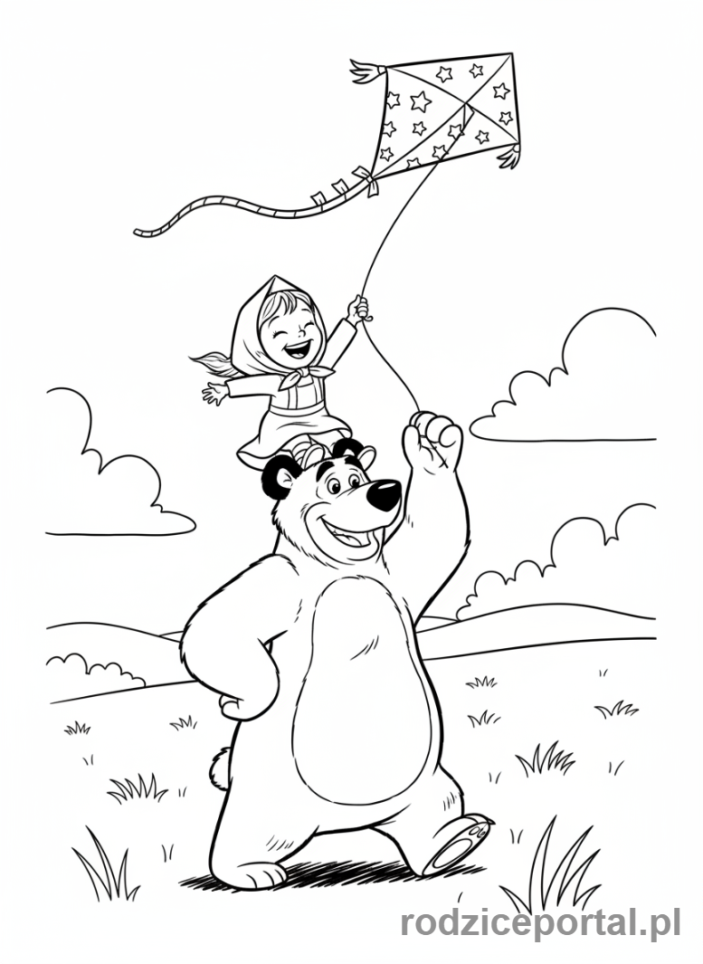 Kolorowanka Masza I Niedźwiedź - Masza puszczająca latawca z Niedźwiedziem