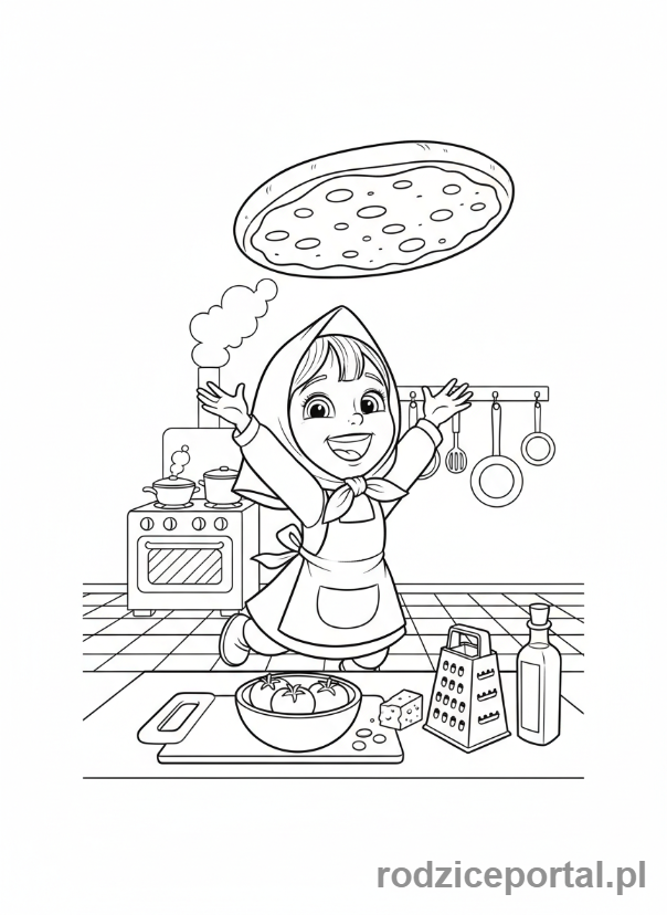 Kolorowanka Masza I Niedźwiedź - Masza robiąca pizzę w kuchni