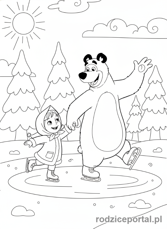 Kolorowanka Masza I Niedźwiedź - Masza ucząca Niedźwiedzia jeździć na łyżwach