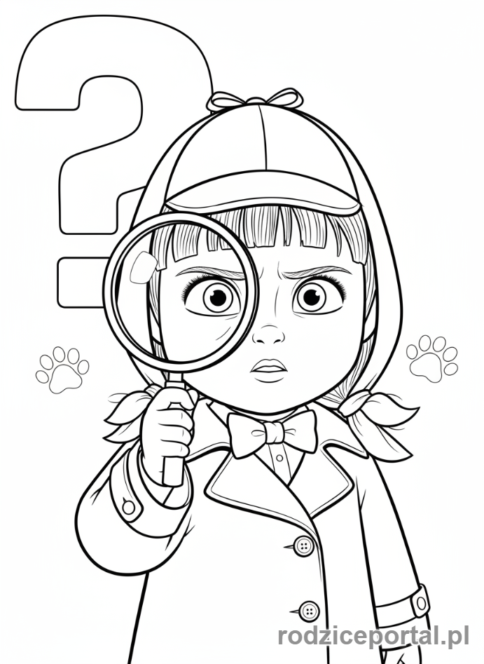Kolorowanka Masza I Niedźwiedź - Masza udająca detektywa ze szkłem powiększającym