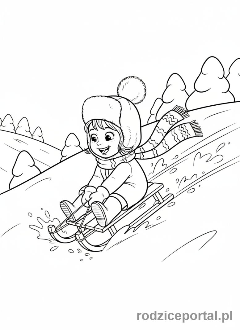 Kolorowanka Masza I Niedźwiedź - Masza w zimowej scenerii na sankach