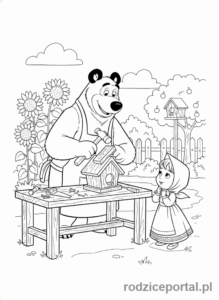Kolorowanka Masza I Niedźwiedź - Niedźwiedź budujący karmnik dla ptaków