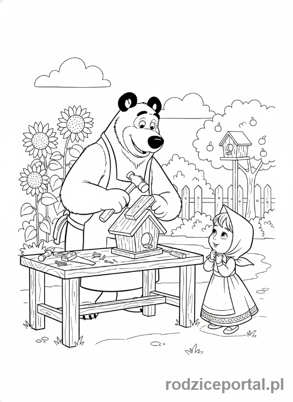 Kolorowanka Masza I Niedźwiedź - Niedźwiedź budujący karmnik dla ptaków