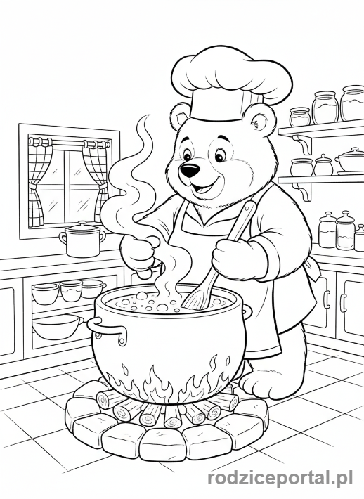 Kolorowanka Masza I Niedźwiedź - Niedźwiedź gotujący zupę w dużym garnku