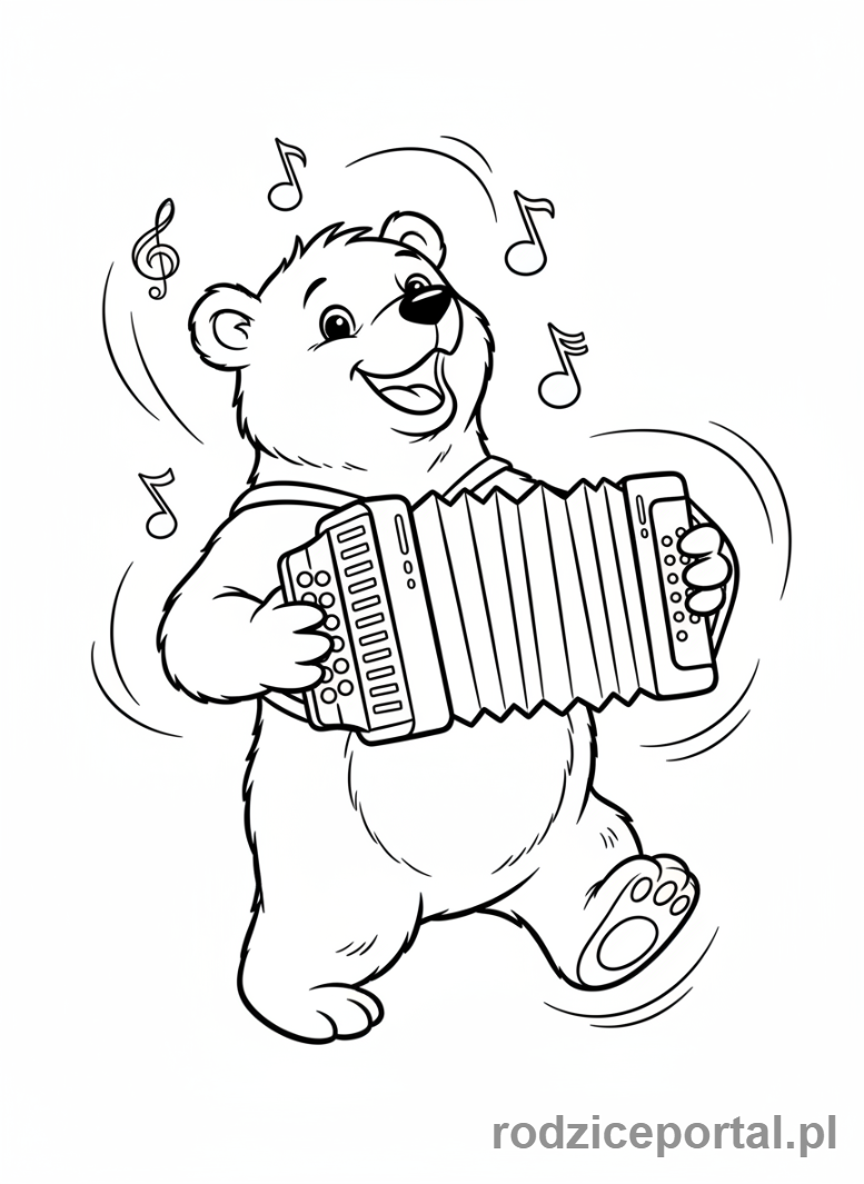Kolorowanka Masza I Niedźwiedź - Niedźwiedź grający na akordeonie