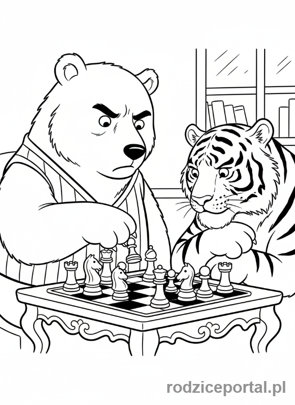 Kolorowanka Masza I Niedźwiedź - Niedźwiedź grający w szachy z Tygrysem