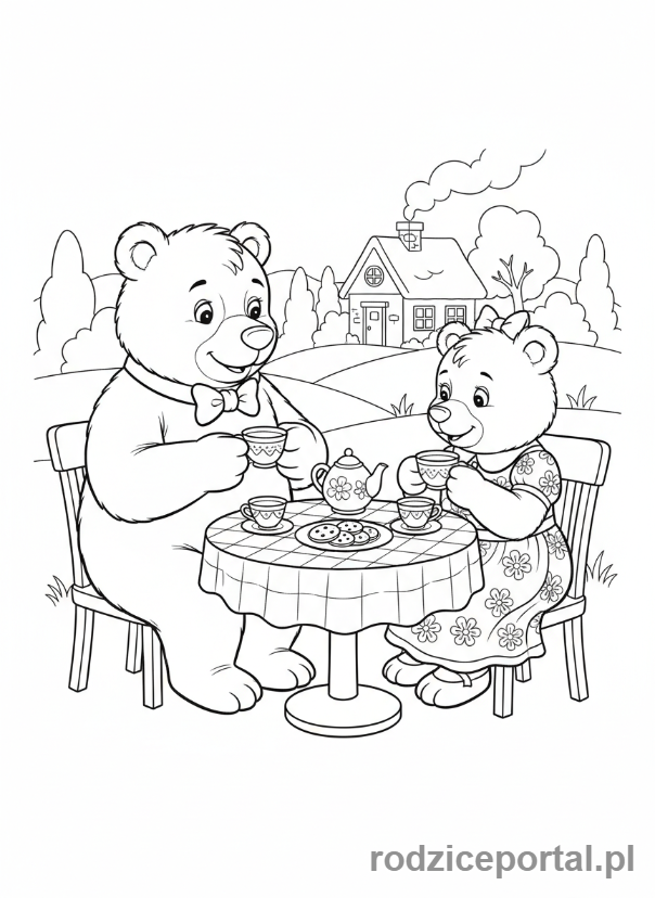 Kolorowanka Masza I Niedźwiedź - Niedźwiedź i Niedźwiedzica pijący herbatę