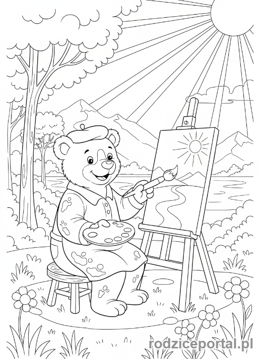 Kolorowanka Masza I Niedźwiedź - Niedźwiedź malujący obraz natury