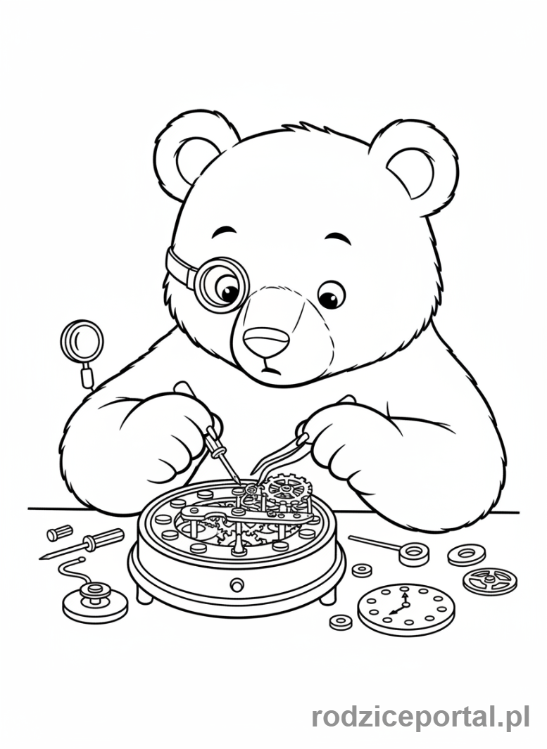 Kolorowanka Masza I Niedźwiedź - Niedźwiedź naprawiający zegar