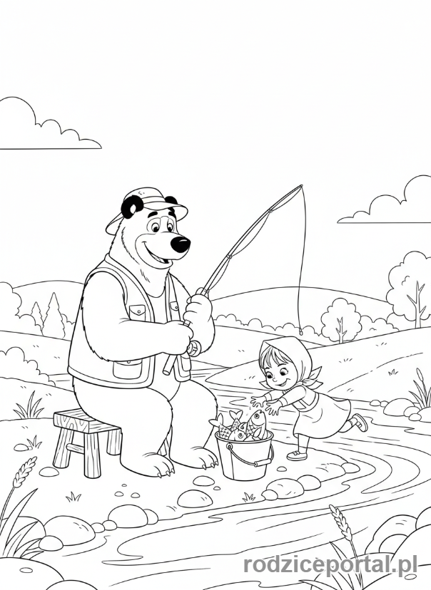 Kolorowanka Masza I Niedźwiedź - Niedźwiedź łowiący ryby, a obok Masza