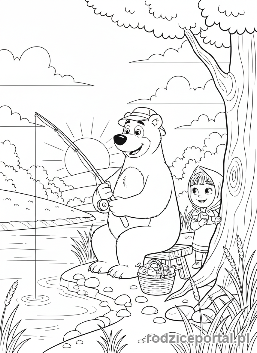 Kolorowanka Masza I Niedźwiedź - Niedźwiedź łowiący ryby, Masza obserwująca