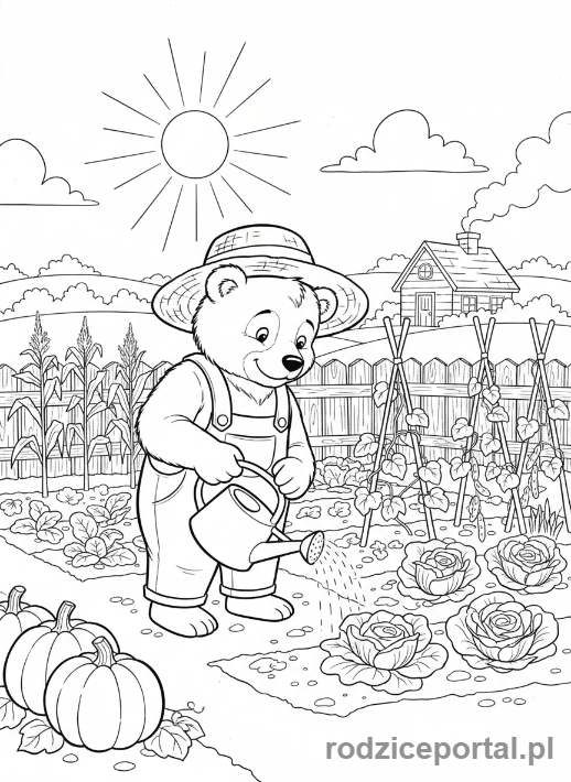 Kolorowanka Masza I Niedźwiedź - Niedźwiedź pielęgnujący warzywnik