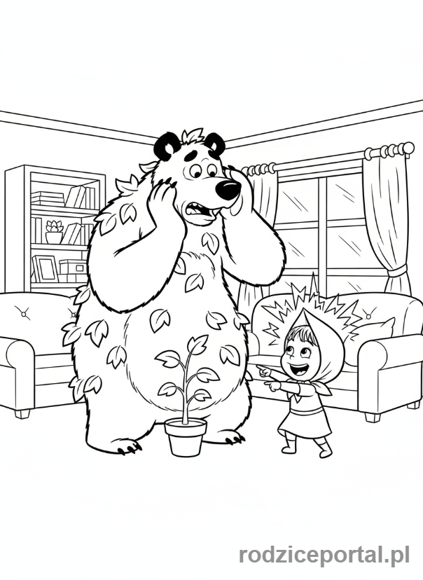 Kolorowanka Masza I Niedźwiedź - Niedźwiedź próbujący uciec od głośnej Maszy