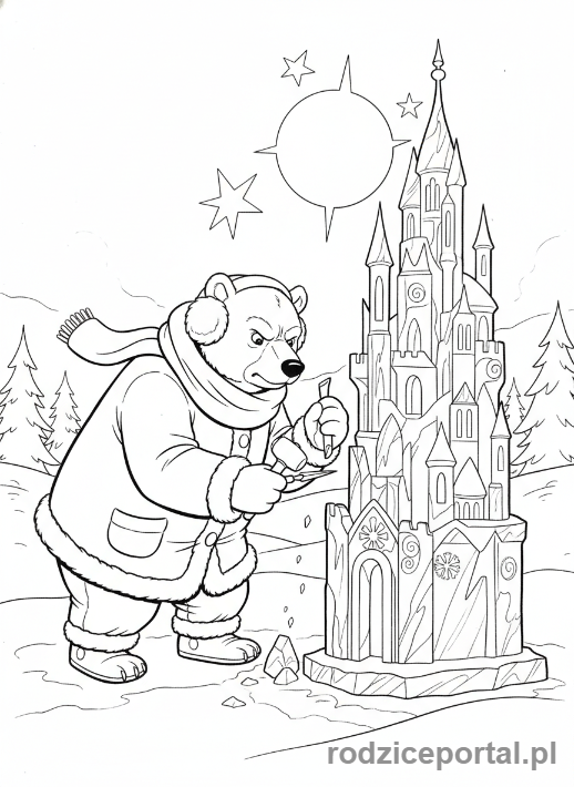 Kolorowanka Masza I Niedźwiedź - Niedźwiedź robiący rzeźbę lodową