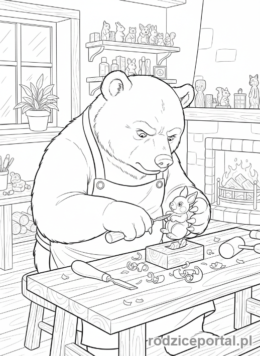 Kolorowanka Masza I Niedźwiedź - Niedźwiedź rzeźbiący figurkę z drewna