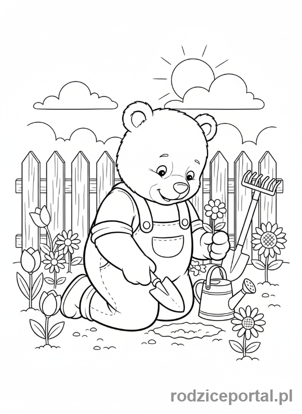 Kolorowanka Masza I Niedźwiedź - Niedźwiedź sadzący kwiaty w ogrodzie